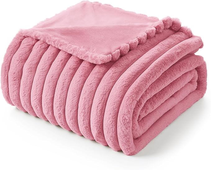 Amélie Home Faux Fur Throw Blanket for Couch, Cozy Fuzzy Fluffy Fur Luxurious Soft Striped Plush Gift Blankets for Family Sofa Chair Bedroom, 55"x70", Pink