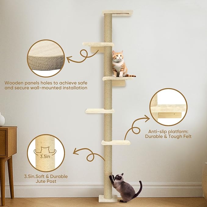 PAWSCRAT Wall-Mounted Cat Tree, 5 Tier Floor to Ceiling Cats Tower, 80 Inch Wall-Mounted Cat Scratching Post, Space Saving Cat Furniture and Easliy Climb for All Cats, Beige