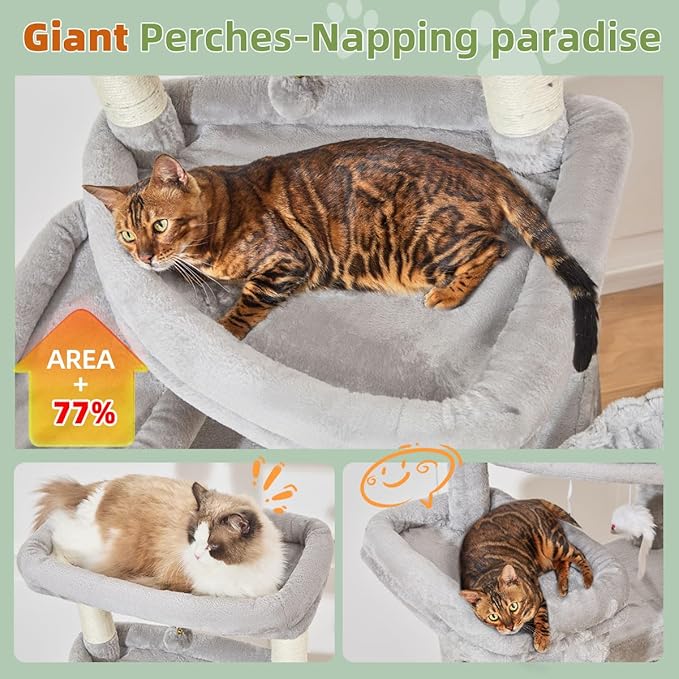 Taoqimiao 71 Inches Cat Tree for Large Cats 20lbs+, 3 Giant Perches, Multi-Level Cat Tree Tower, Widened Cat Condo with 9 Scratching Posts, Luxurious Hammcock & Basket, Light Gray, MS034W