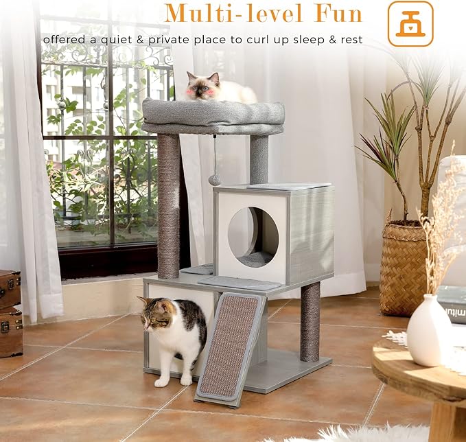 PAWZ Road Cat Tree 35 Inches Wooden Cat Tower with Double Condos, Spacious Perch, Fully Wrapped Scratching Sisal Posts and Replaceable Dangling Balls-Gray