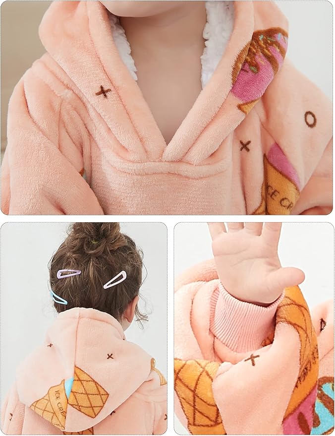 KFUBUO Wearable Blanket Hoodie for Kids Sherpa Patterns Oversized Sweatshirt Blanket With Pocket 6-10 Year Old Girl Birthday Gifts Ice Cream