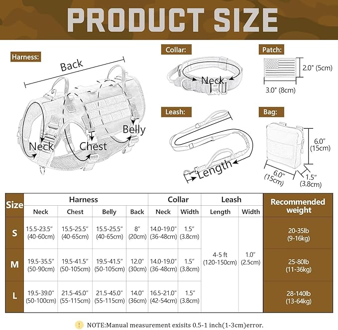 Forestpaw Tactical Dog Harness for Large Dogs,Tactical Dog Collar with Bungee Leash Set,No Pull Military Dog Harness for Walking Training,Adjustable for Medium Large Dogs,Khaki,Chest 21.5-45"