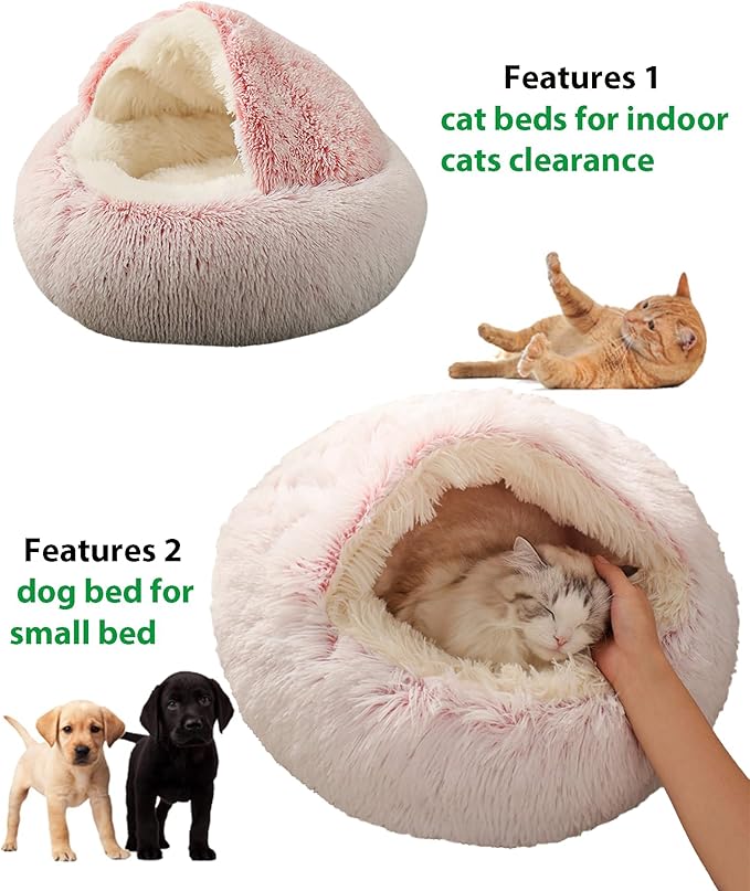 ShinHye Cat Bed Round Plush Fluffy Hooded Cat Bed Cave, Cozy for Indoor Cats or Small Dog beds, Soothing Pet Beds Doughnut Calm Anti-nxiety Dog Bed - Waterproof Bottom Washable (26×26inch, Pink)