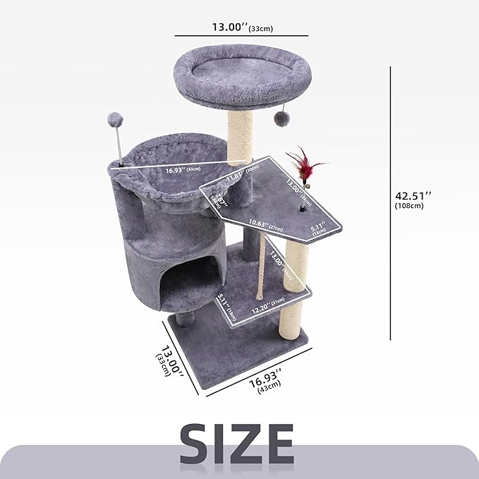 TWDEPART 42.5'' Cat Tree for Indor Cats, Multifunctional Cat Tower with Cozy Condo, Perches, Scratching Posts and Hammock, Grey…