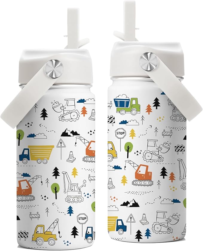 16 oz Water Bottle with Straw Lid, Stainless Steel Insulated Tumbler, Cute Construction Water Bottles for Birthday Christmas