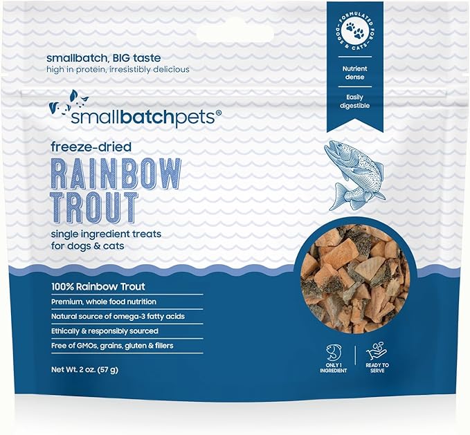 smallbatch Pets Freeze Dried Cat & Dog Treats, 2oz - Rainbow Trout, Organic High Protein Treats, Omega 3 Fatty Acids, Gluten Free, Grain Free, Made in The USA, Ethically Sourced, Single Protein