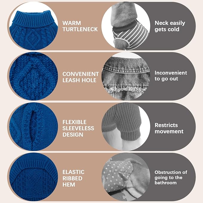 BINGPET Thermal Knitted Dog Sweater for Small Medium Large Dogs,Winter Dog Cat Coat Warm Sweartershirts Outfits,Classic Cable Knit Turtleneck Pullover Dog Jumper Coat Warm Sweartershirts(Blue,XS)