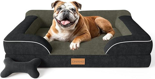 Dog Beds for Large Dogs, Orthopedic Dog Bed with Cooling Gel Memory Foam, Waterproof Large Pet Bed with Removable Washable Cover, 36" Pet Sofa Couch Dutch Velvet with Bone Toy, Black