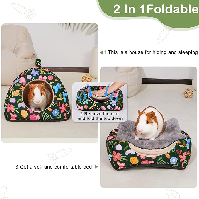 Glittme Guinea Pig Hideout 2Pack Guinea Pig Bed with Soft Pads Washable Small Animal Bed with Non-Slip Bottom Rabbit Hideout for Ferrets, Hamster, M