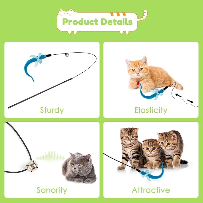 SHENGSEN Feather Wand Cat Toy,Bouncy Ball with Tail Cat Toys,Magic Worm with Large Colorful Ball Toy for Cats,Cat Feather Toys for Indoor Cats,Colorful Fuzzy Worm Bouncy Balls Cat Toy (ADM102-A-3A)