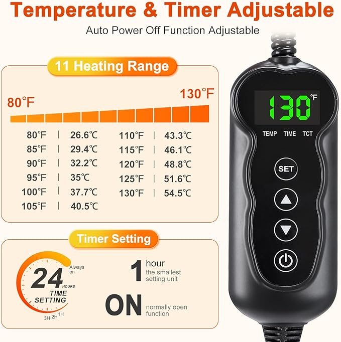 Pet Heating Pad, Waterproof Heated Dog Cat Bed with 11 Adjustable Temperatures & 24H Timer, Auto Shut-Off, Chew-Resistant Cord, Washable Cover, Indoor Electric Heating Mat, Beige, M(28" x 20")