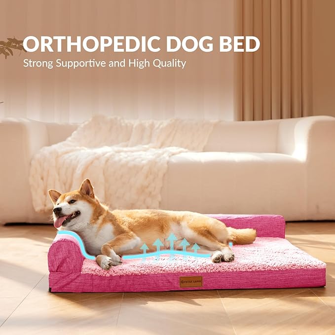 Patas Lague Orthopedic XL Dog Bed Large Sized Dog 48''X30'', Waterproof L Bolster Big Large Pet Sofa Beds with Removable Washable Cover, Soft Comfortable Pet Couch Crate Mat with Nonskid Bottom, Pink