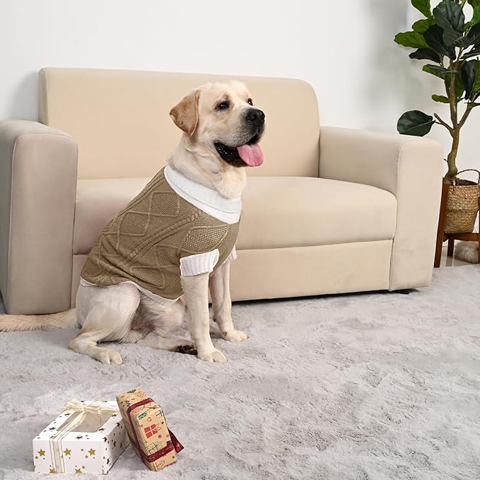 Dog Sweater for Large Dogs Argyle Cable Knit Turtleneck Pullover Winter Clothes Boys Girls Stretch Golden Retriever Labrador Bulldog Pitbull Doberman Pet (XXL, Brown)
