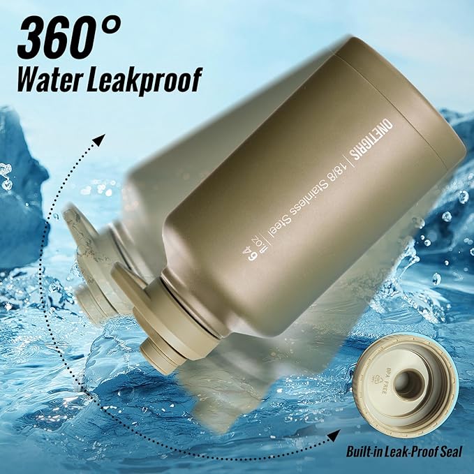 OneTigris Tactical Half Gallon Water Bottle with Straw - 64 oz Vacuum Insulated Stainless Steel Water Jug, Leakproof Sport Bottle with 3 BPA Free Lids, Paracord Handle & MOLLE Water Pouch for Outdoor