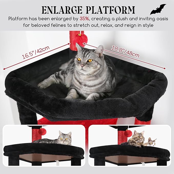 Globlazer Extra Large Platform Gothic Cat Tree, 65in Tall Sturdy Goth Cat Tower for Multiple Indoor Cats, Big Cat Tree for Large Cat with 3 Enlarged Perches, 6 Scratching Posts, Condo, S65, Red Black