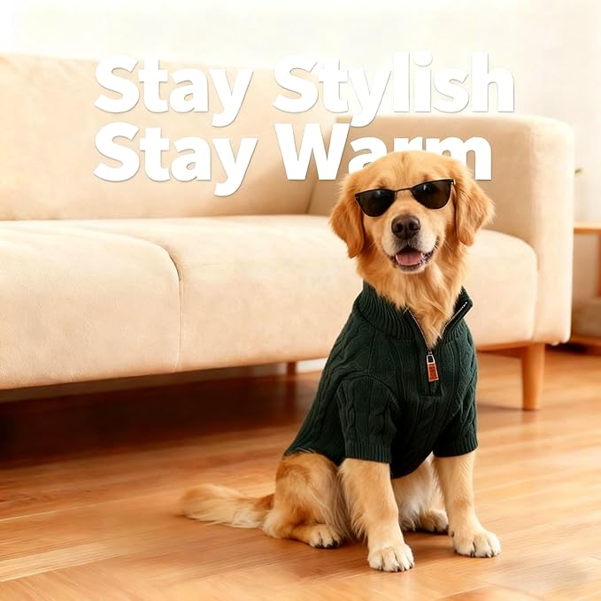 Medium/Large Dog Sweater, Warm Dog Winter Coat w/Sleeves, Comfortable High Neck Premium Dog Clothes for Golden Retriever-Best for Holidays, Daily Walks XXL Green