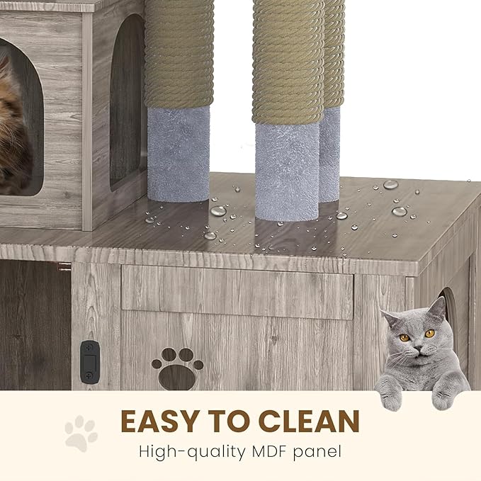 Cat Litter Box Enclosure with Cat Tree Tower 2-in-1 Hidden Pet Washroom Furniture with Scratching Post and Soft Plush Perch Platform Wooden Cat House Divided Condo for Indoor Large Cats Gray