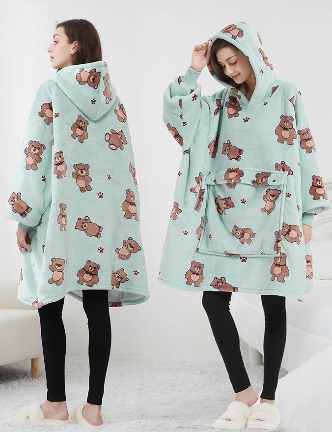 KFUBUO Wearable Blanket Hoodie for Adults Sherpa All Patterns Bear Oversized Sweatshirt Blanket with Pockets Cute Birthday Gifts for Women Green