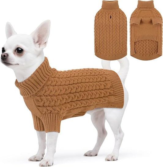 SAWMONG Dog Sweater, Dog Sweaters for Small Dogs Girls Boys, Pullover Turtleneck Knitted Doggy Sweatshirt, Cold Weather Pet Clothes（Khaki, Small