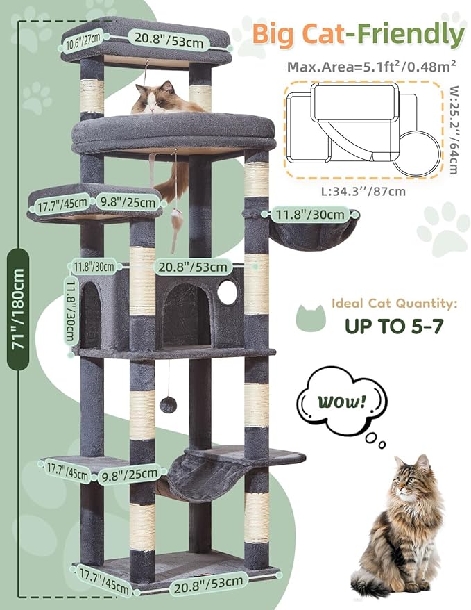 Taoqimiao 71 Inches Cat Tree for Large Cats 20lbs+, 3 Giant Perches, Multi-Level Cat Tree Tower, Widened Cat Condo with 9 Scratching Posts, Luxurious Hammcock & Basket, Smoky Gray, MS034G