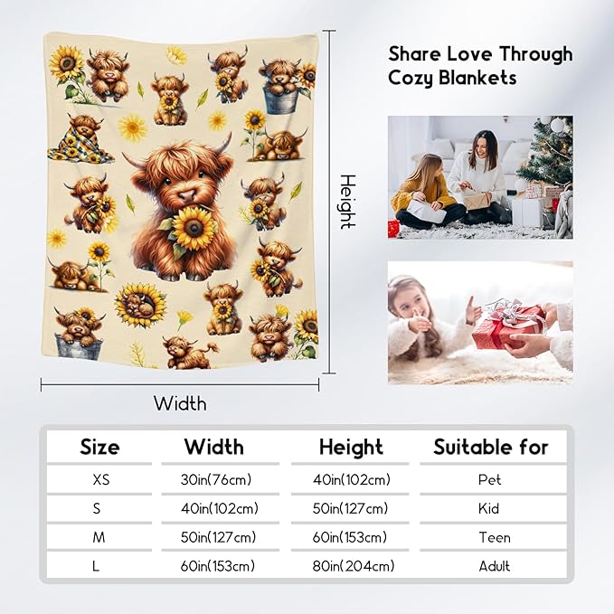 Kids Throw Blankets, Highland Cow Blanket Gifts for Girls, Cow Gifts with Sunflower, Warm Flannel Throw for Couch, 30"x40"