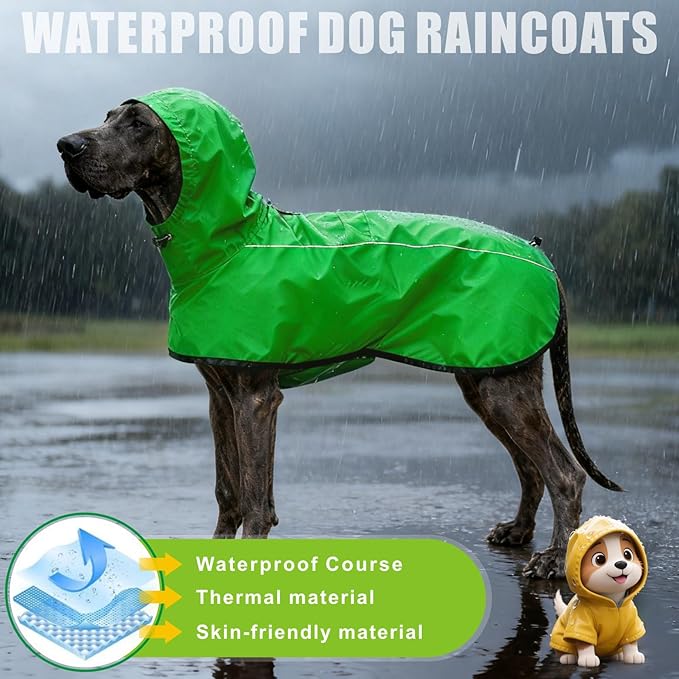 Mosucoirl Dog Raincoat Jacket Reflective Adjustable Hooded Pet Poncho Rain Coats with Leash Hole Waterproof Clothes for Small Medium Large Dogs (Green, M)