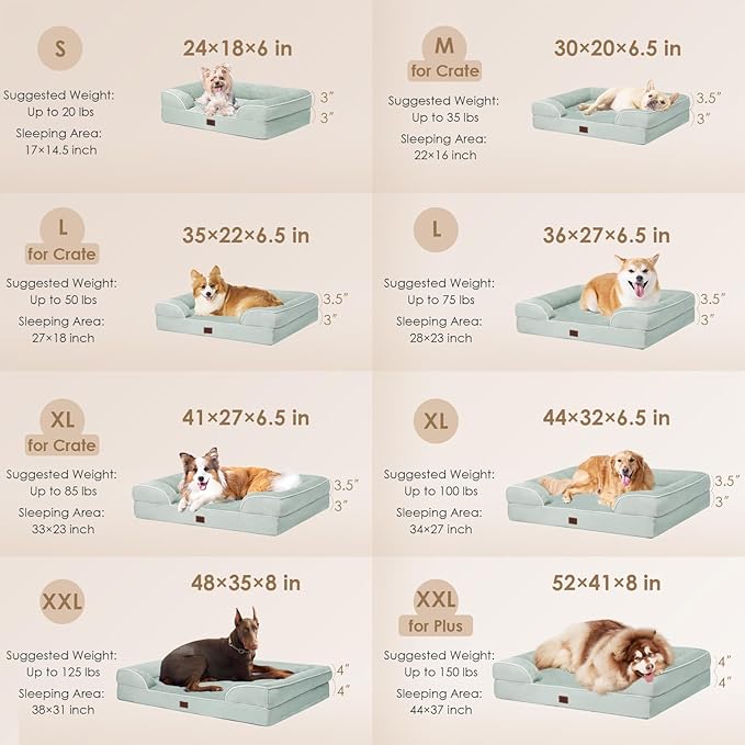 EHEYCIGA Orthopedic Dog Beds for Extra Large Dogs, Waterproof Memory Foam XXL Dog Bed with Sides, Non-Slip Bottom and Egg-Crate Foam Big Pet Couch Bed with Washable Removable Cover, Sage Green