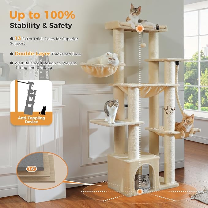 Large Cat Tree-67 Tall Cat Tower for Indoor Cats Large Adult with 7 Thick Sisal Scratching Posts (φ4.3), Multi-Level Condo, Big Perch & Hammocks for Maine Coon 20 lbs -Beige