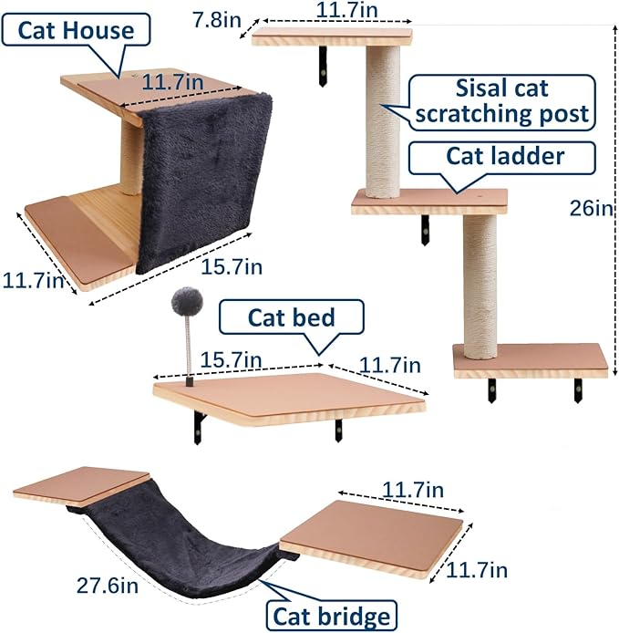 Cat Shelves for Wall, Solid Wood Cat Wall Furniture, with Cat's House, Bed, Hammock, Sisal Scratching Post Ladder (Dark Color)