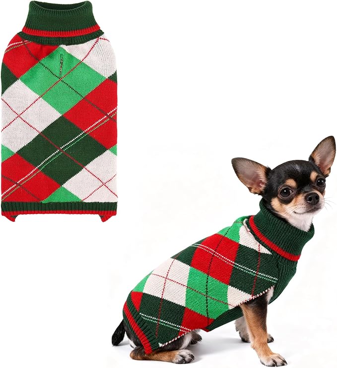 KOOLTAIL Dog Christmas Sweater Pet Knitted Clothes - Classic Plaid Pull Over Turtleneck Dog Sweaters with Leash Hole Warm Dogs Winter Clothing for Small Medium Dogs Cats Puppy Boy Girl Red & Green S
