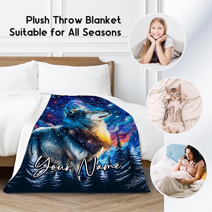 Boys Blanket Personalized Wolf Blankets Gifts for Kids/Teens/Men - Flannel Soft Cool Throws for Office, Sofa - 4 Sizes