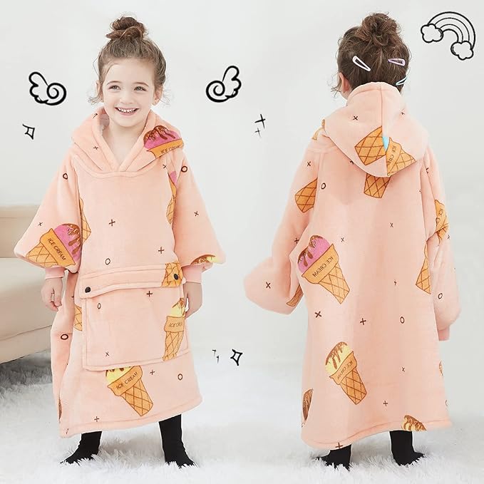 KFUBUO Wearable Blanket Hoodie for Kids Sherpa Patterns Oversized Sweatshirt Blanket With Pocket 6-10 Year Old Girl Birthday Gifts Ice Cream