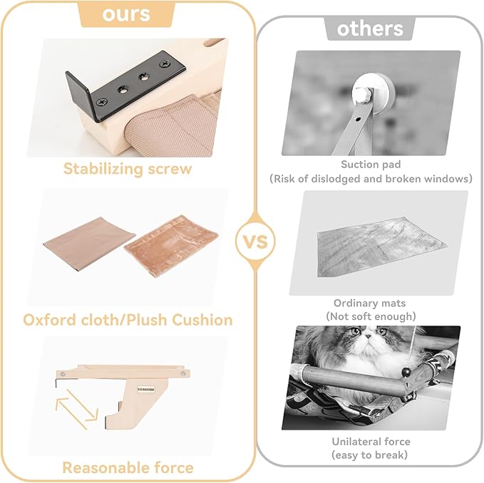 PETSFIT Cat Window Perch, Hammock Window Seat with Solid Wood Support, Metal Frame & 2 Removable Pads, Easy to Adjust & Assemble Cat Bed for Windowsill, Bedside and Drawer