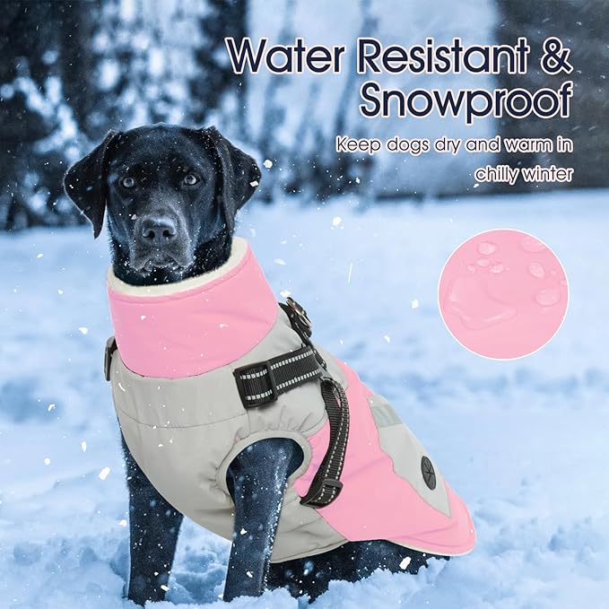 IECOii Dog Winter Jacket for Small Dogs, Waterproof Dog Coat with Harness Built in, Windproof Reflective Zip Up Fleece Jacket for Dogs, Puppy Thermal Warm Snowsuit for Cold Weather, Pink, S