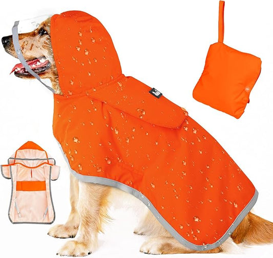SlowTon Dog Raincoat, Adjustable Dog Rain Jacket Clear Hooded Double Layer, Waterproof Poncho with Reflective Strip Straps and Storage Pocket for Small Medium Large Dogs Puppies(OR XL)