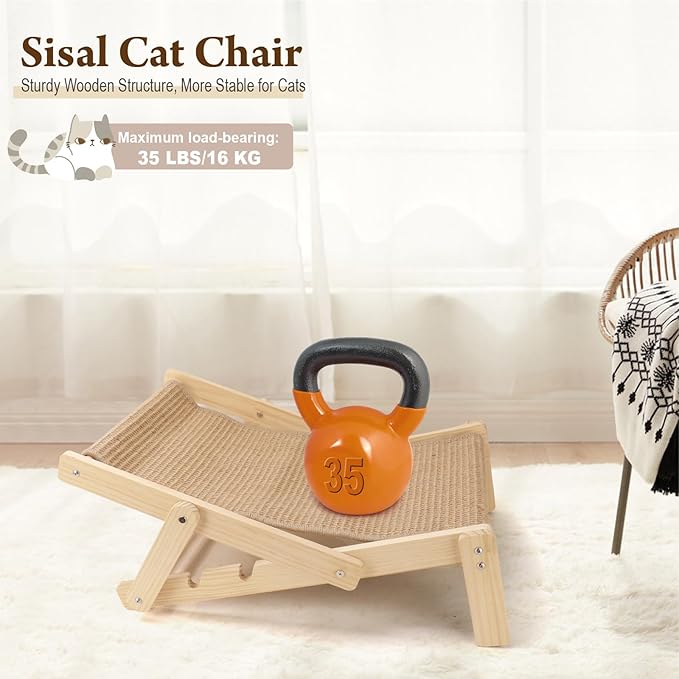Sisal Cat Scratcher Bed with Adjustable 4-Position for Cats Scratcher Lounge, 2 in 1 Cat Sisal Chair for Indoor Cats Hammock for Scratching Pad, Natural Lounger Chair