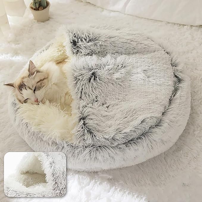 ShinHye Cat Bed Round Plush Fluffy Hooded Cat Bed Cave, Cozy for Indoor Cats or Small Dog beds, Soothing Pet Beds Doughnut Calm Anti-nxiety Dog Bed - Waterproof Bottom Washable (20×20inch, Grey)