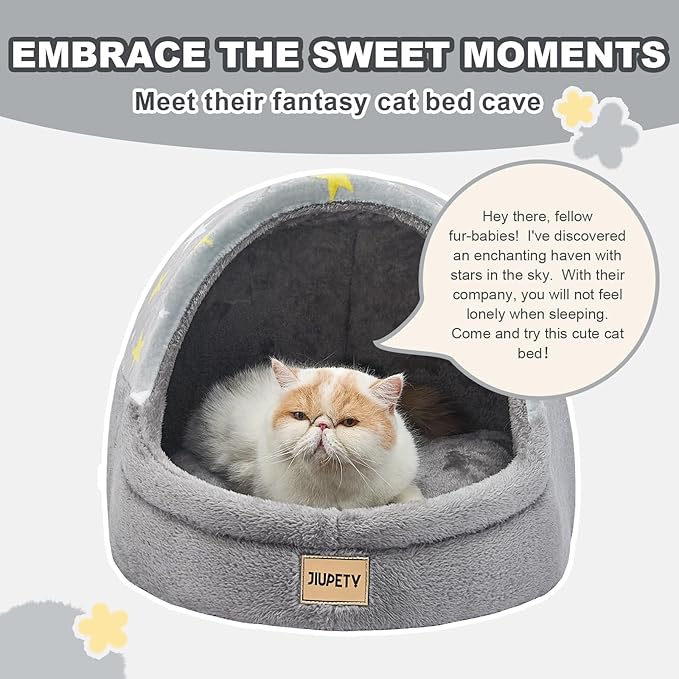 Jiupety Cute Cat Beds for Indoor Cats, Cat Cave Bed for Kittens, Burrowing Cat Bed & Puppy Bed with Anti-Slip Bottom, Washable Removable Cushion, L(19"x17"x16"), Gray Star