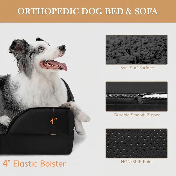 Comfort Expression Orthopedic Dog Bed for Medium Dogs 30x20 Inch, Waterproof Supportive Egg Crate Foam Medium Pet Bed with Removable Bolsters, Dog Couch with Washable Cover & Non-Slip Bottom, Black