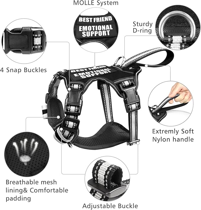WINSEE Service Dog Vest No Pull Dog Harness with 7 Dog Patches, Reflective Pet Harness with Durable Soft Padded Handle for Training Small, Medium, Large, and Extra-Large Dogs (Small, Black)
