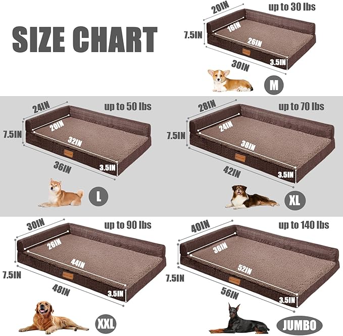 Patas Lague Orthopedic Jumbo Dog Bed for Extra Large Dogs 56''X40'', Waterproof L Bolster Pet Sofa Beds with Removable Washable Cover, Soft Comfortable Pet Couch Crate Mat with Nonskid Bottom, Brown