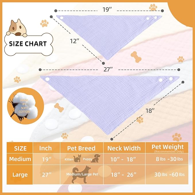 Soft Cotton Pet Scarf with Adjustable Button - Solid Color Dog Bandanas,Purple,Medium