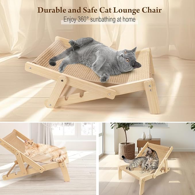 Sisal Cat Scratcher Bed with Adjustable 4-Position for Cats Scratcher Lounge, 2 in 1 Cat Sisal Chair for Indoor Cats Hammock for Scratching Pad, Natural Lounger Chair