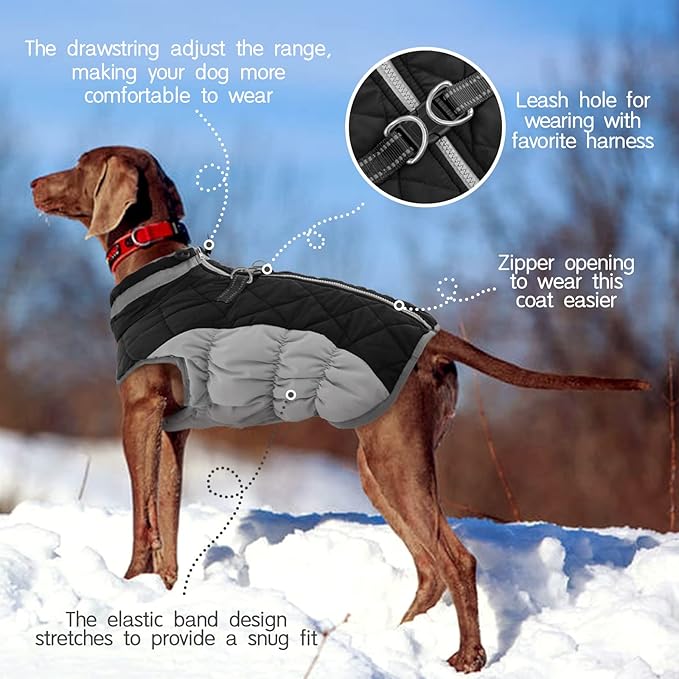 FUAMEY Dog Coat for Medium Dogs,Waterproof Dog Winter Jacket with Harness Built in Puppy Cold Weather Coats Reflective Pet Vest with Zipper Warm Fleece Dogs Snowsuit Windproof Black M