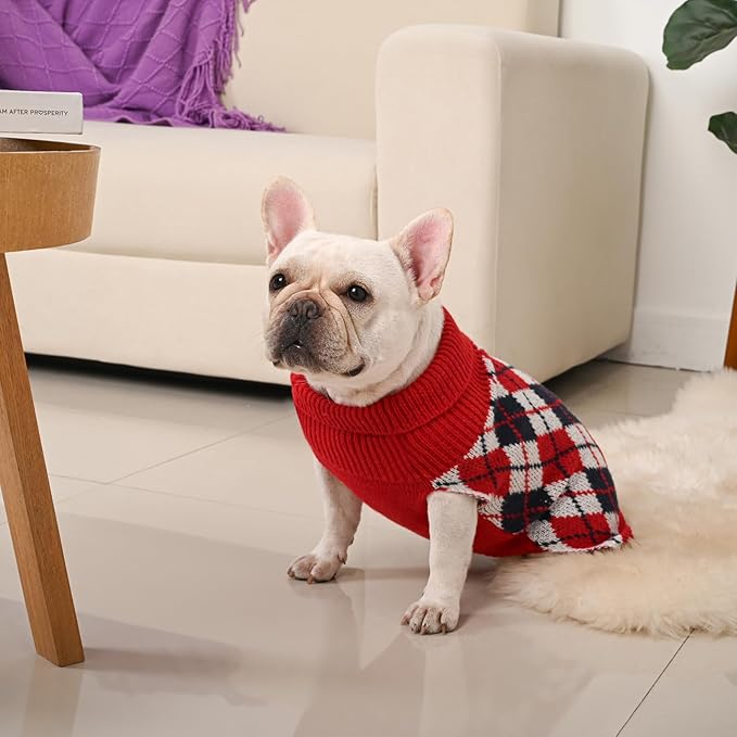 Dog Sweater for Medium Dogs Plaid Checkered Knit Turtleneck Pullover Winter Clothes Boys Girls Stretch French Bulldog Dachshund Corgi Beagle Pug Christmas Pet M
