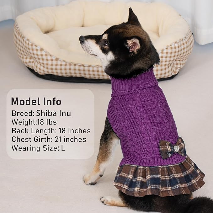 KYEESE Dog Sweater Soft Turtleneck Pet Sweater Dress Warm Pullover Pet Coats Stretchy Cat Sweaters Thick Dogs Clothes with Bowtie Comfy Knitwear Dog Sweaters for Small Dogs Girl, Purple, X-Large