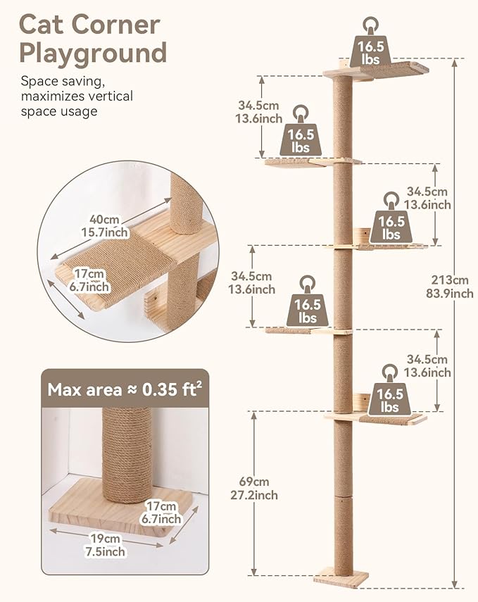 PawGiant Tall Cat Tree for Wall 83.9inch, Wood Cat Wall Shelves for Kittens, Wall-Mounted Cat Tower with Scratching Post for Play, Climb & Scratching, 5 Tier Platforms
