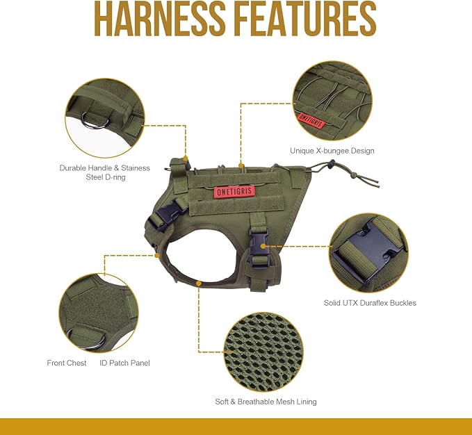 OneTigris Tactical Dog Harness,No-Pull Dog Vest with Leash Clips,Dog Harness Adjustable for Hiking Training Outdoor Dogs(Ranger Green, Medium)