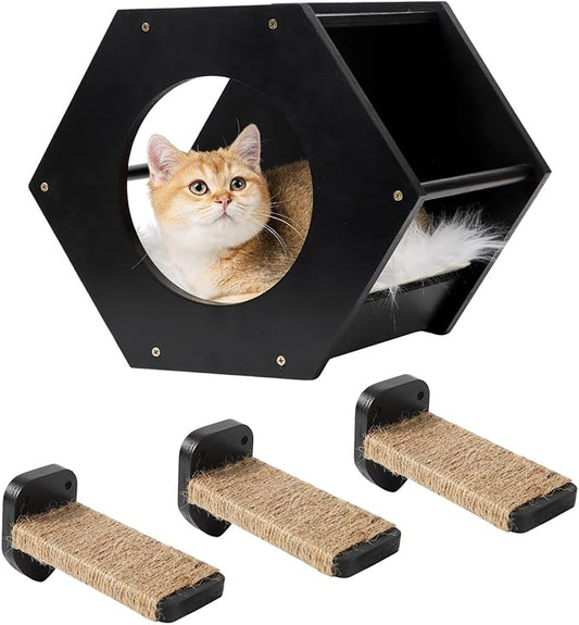 Cat Shelves with 3 Steps Scratcher Post & Hammock - Wall Mounted Climbing Shelf for Indoor Cats (Black)