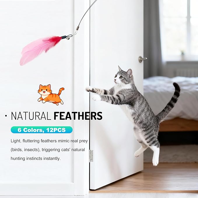 Interactive Hanging Cat Toy for Indoor Cats, 16PCS Door Cat Toys Set with Feathers, Chirping Mice Retractable Teaser Toys for Kitten Play Chase Exercise
